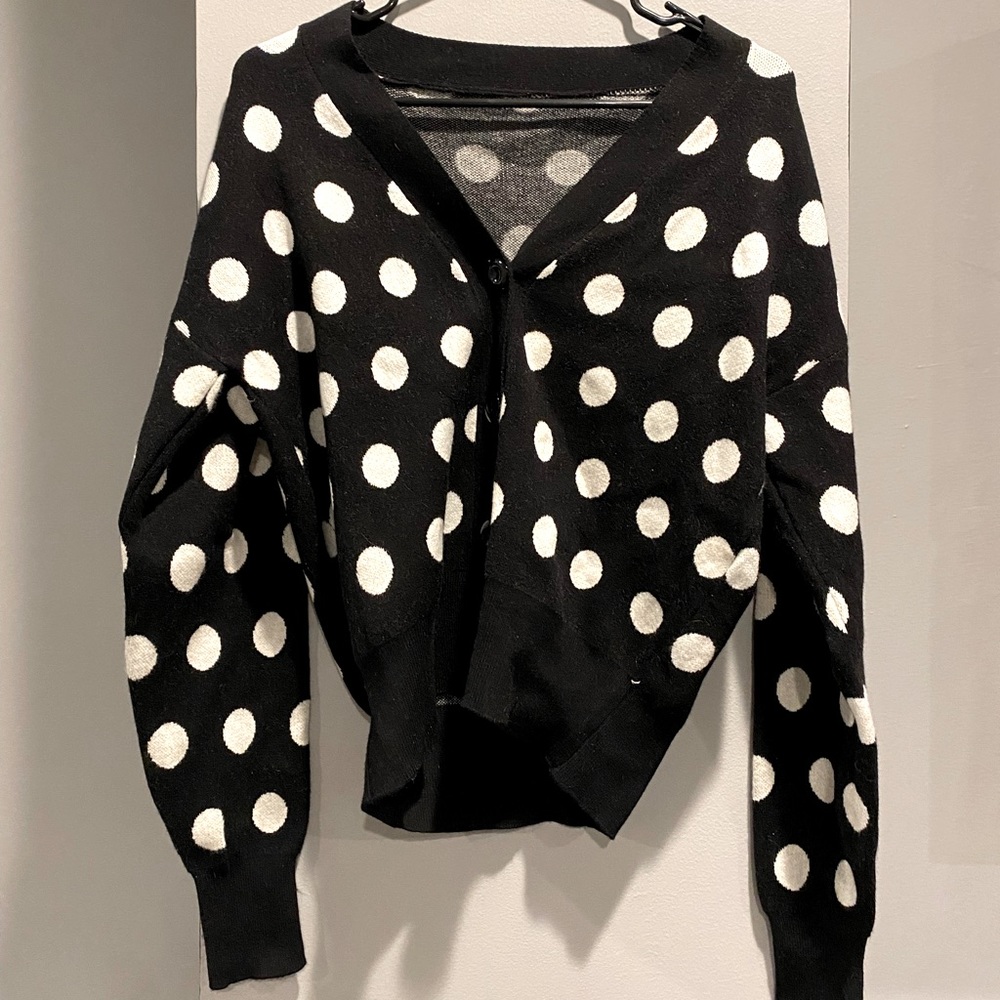 Polka dot cardigan. L/XL. Stretchy. Never worn. Short torso length.